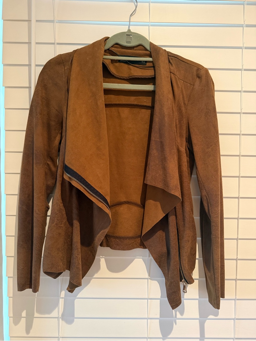 Zara Brown Draped Open-Front Faux Suede Jacket